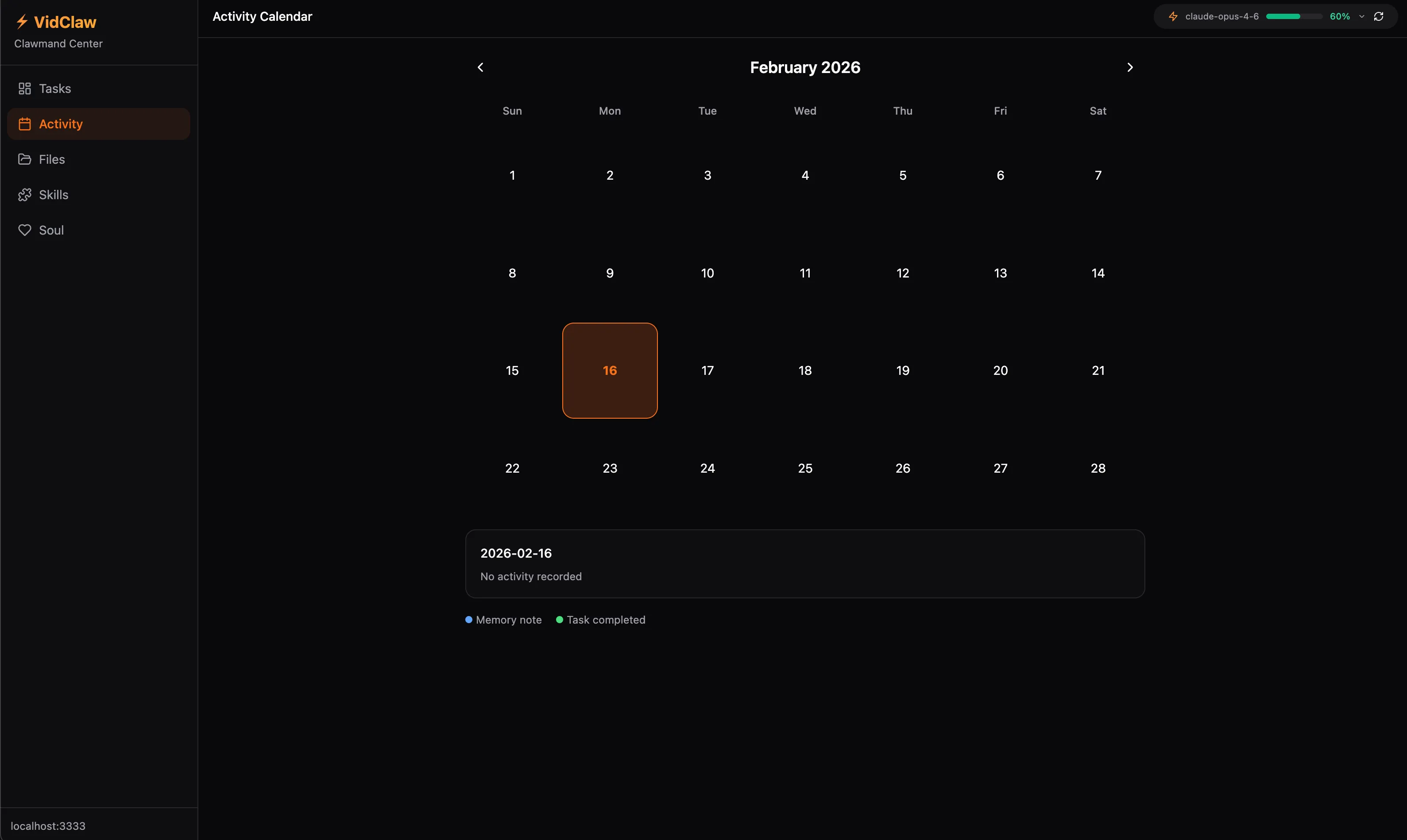 VidClaw activity calendar showing agent work history