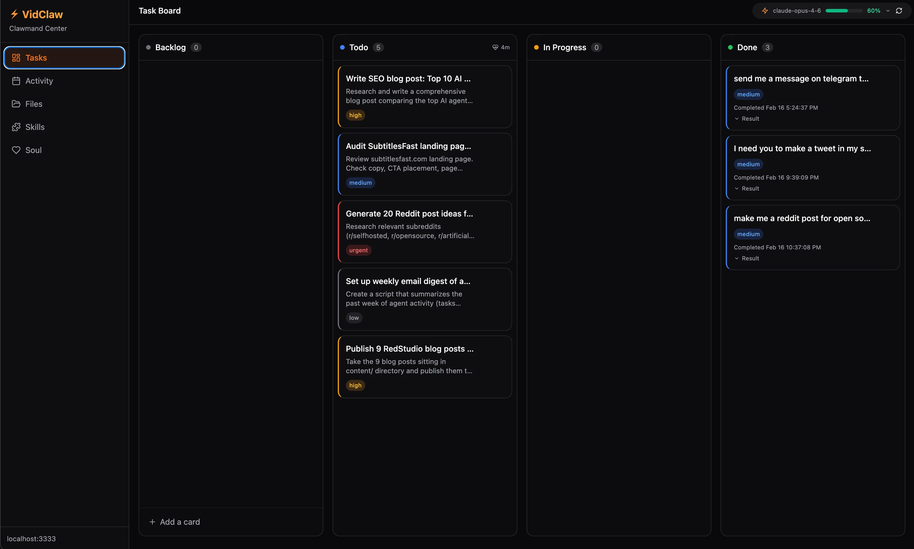 VidClaw Kanban task board with backlog, todo, in progress, and done columns
